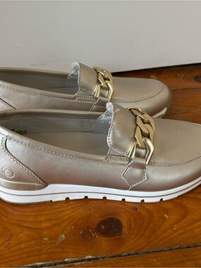 Remonte Metallic Taupe Slip-On Loafers with Gold Chain Accent